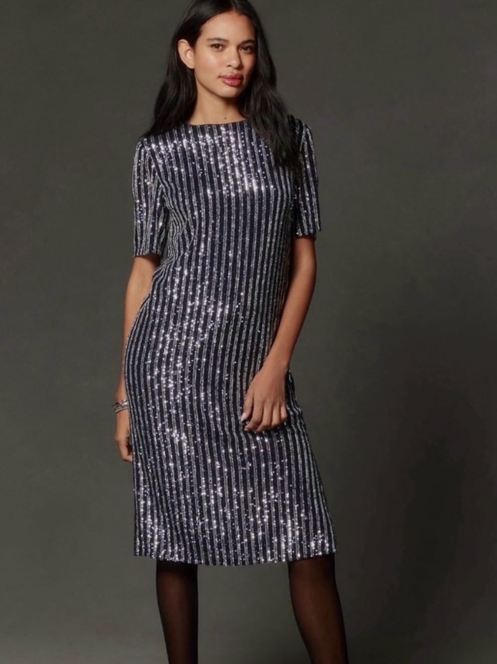 Anthropologie Flat White Navy Silver Sequin Stripe Midi Dress Size M